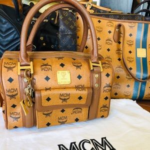 AUTHENTIC MCM Cognac Visetos Boston Bag